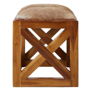 Kendari Hair On Leather & Teak Wood Square Stool