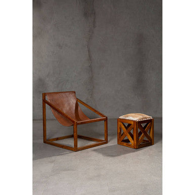 Kendari Hair On Leather & Teak Wood Square Stool