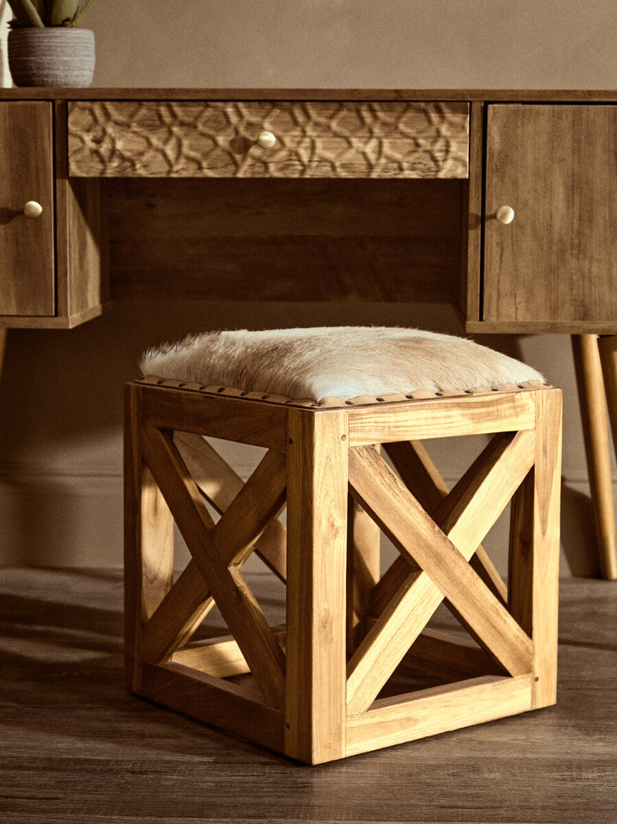 Kendari Hair On Leather & Teak Wood Square Stool