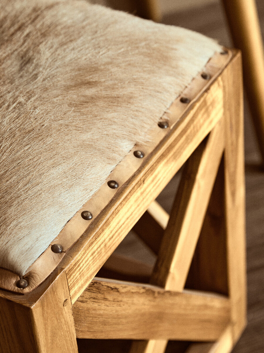 Kendari Hair On Leather & Teak Wood Square Stool