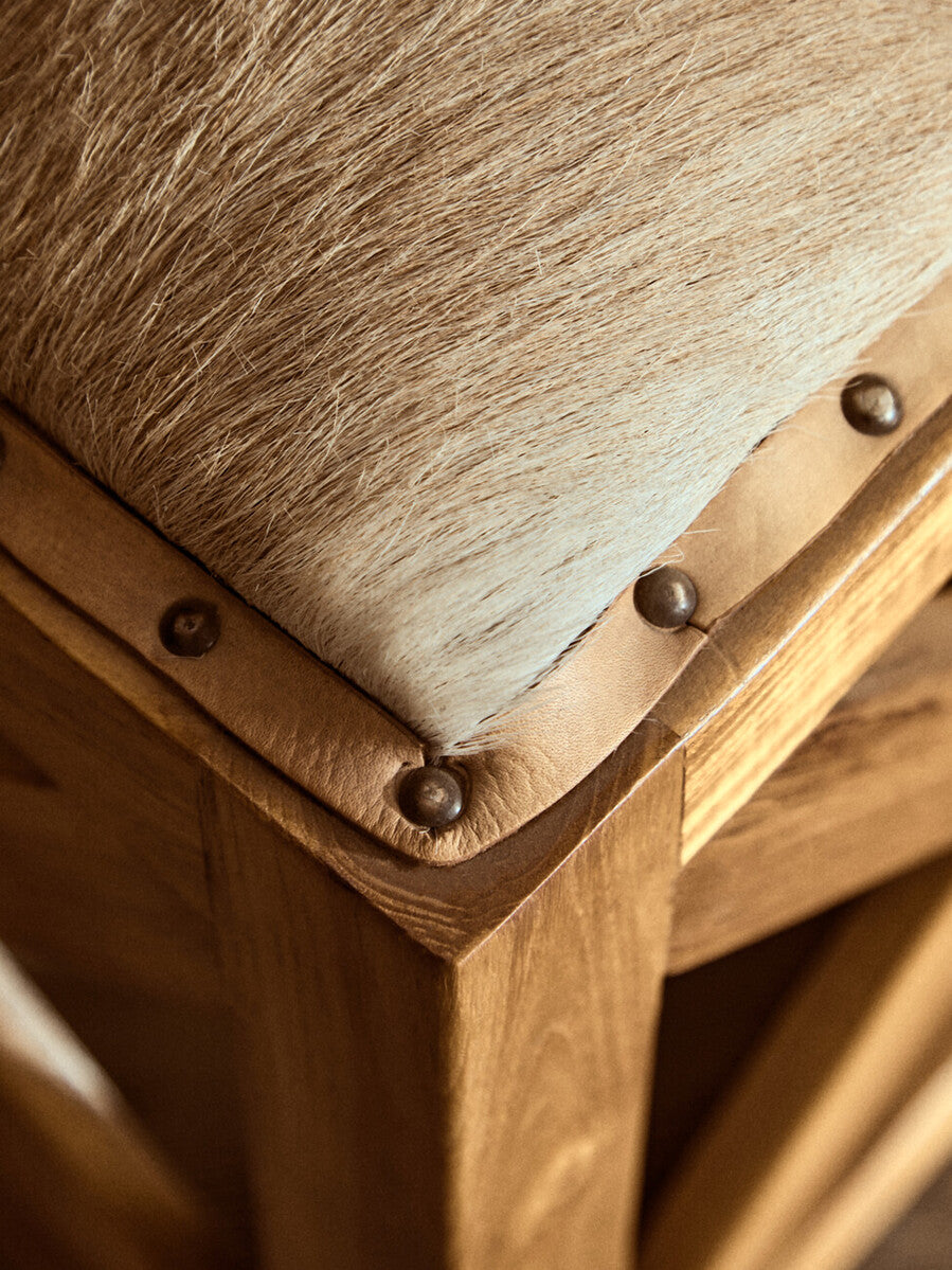 Kendari Hair On Leather & Teak Wood Square Stool