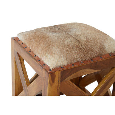 Kendari Hair On Leather & Teak Wood Square Stool