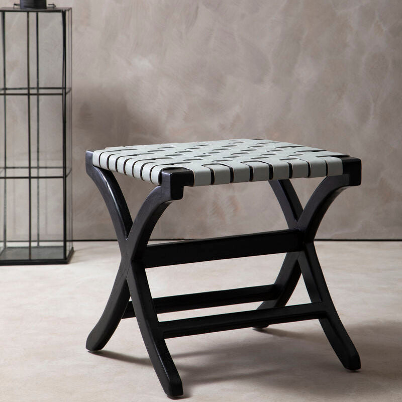 Kendari Woven Grey Leather & Black Teak Stool