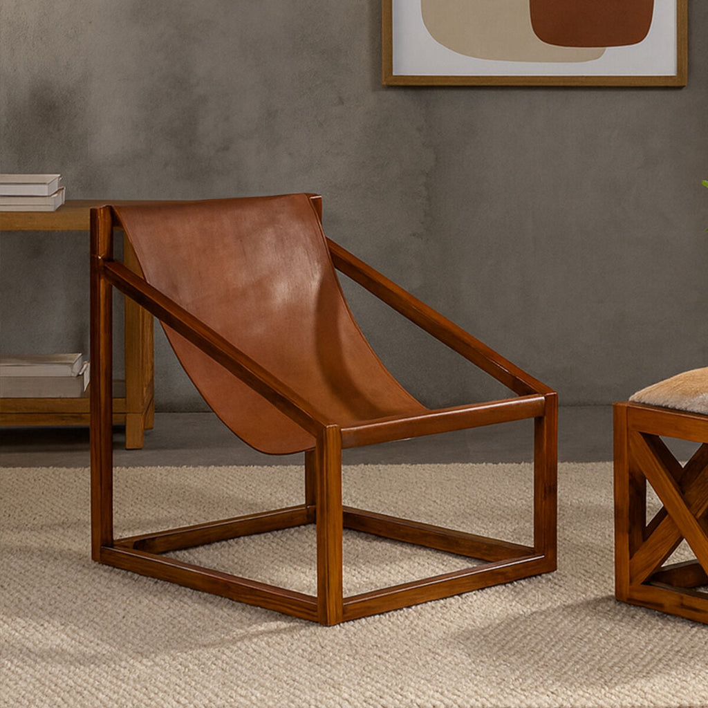 Kendari Brown Leather & Teak Wood Sling Chair