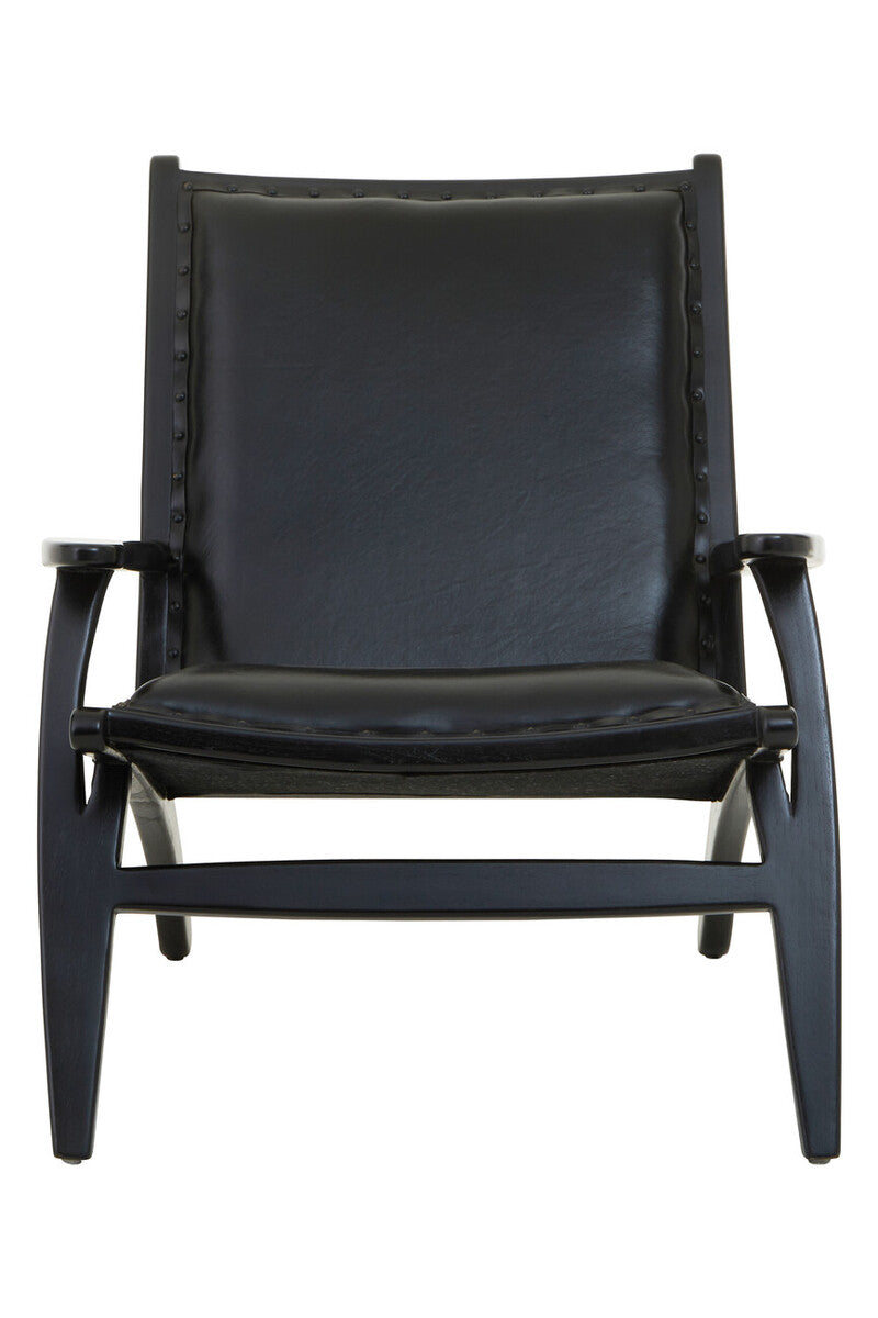 Kendari Black Leather & Teak Wood Chair With Stud Detail