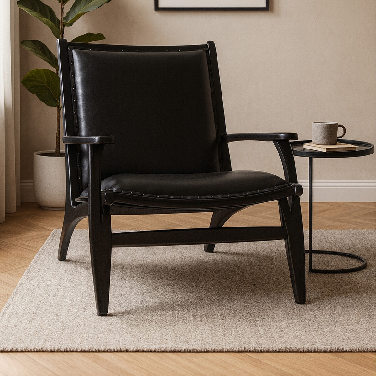 Kendari Black Leather & Teak Wood Chair With Stud Detail