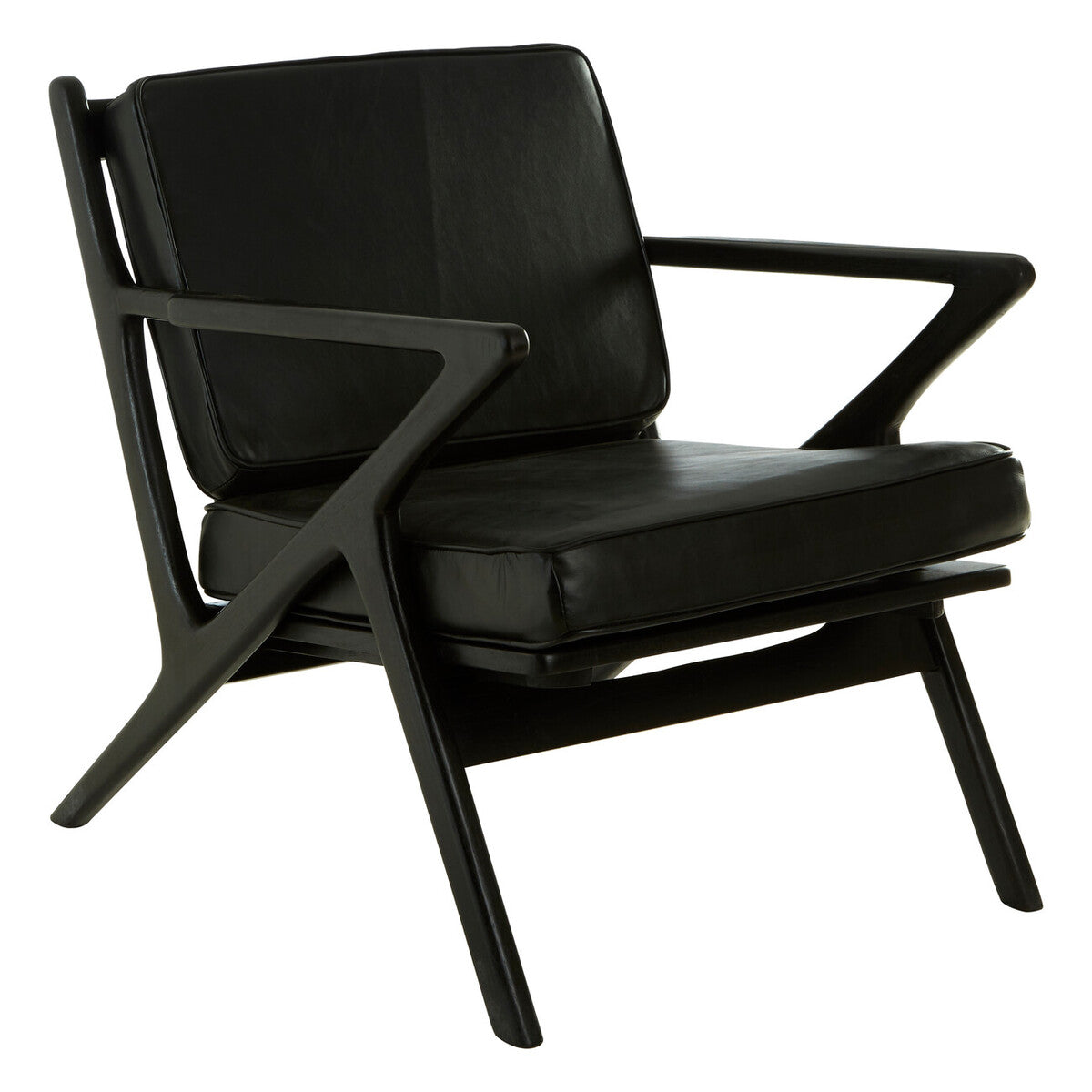 Kendari Black Leather & Teak Wood Frame Armchair