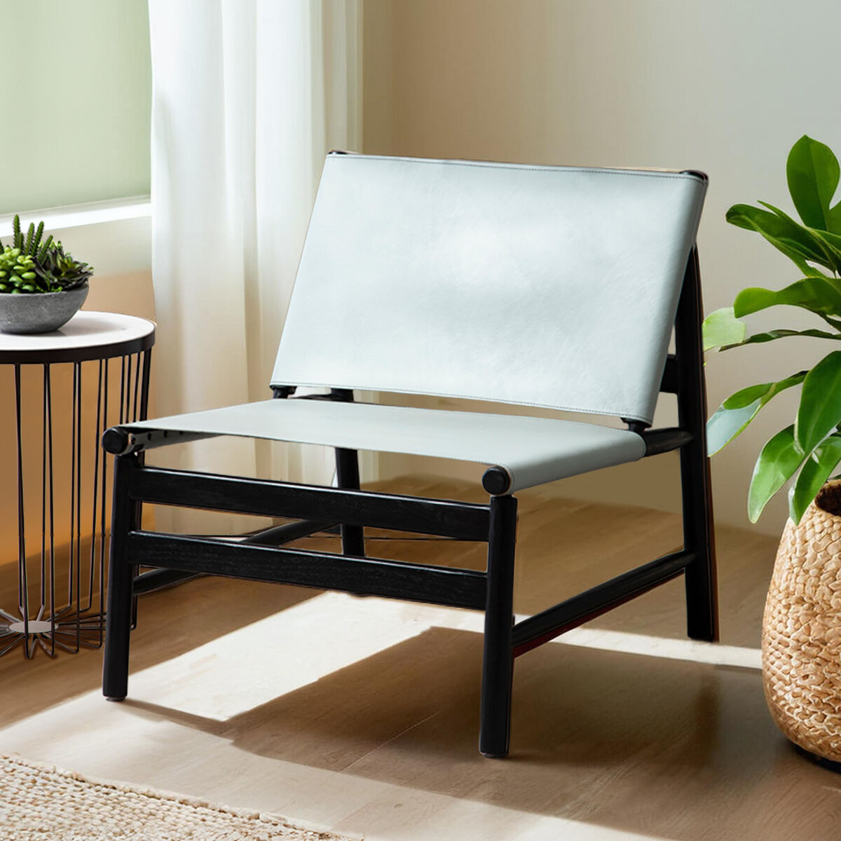 Kendari Grey Leather & Black Teak Modern Sling Chair