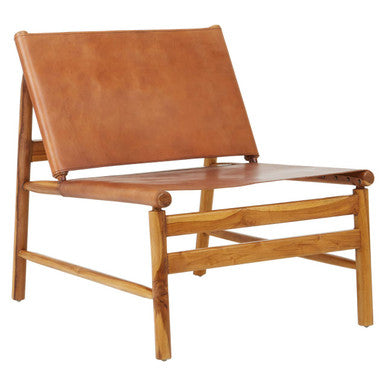 Kendari Brown Leather & Teak Modern Sling Chair