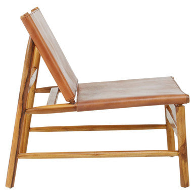 Kendari Brown Leather & Teak Modern Sling Chair