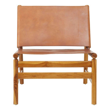 Kendari Brown Leather & Teak Modern Sling Chair