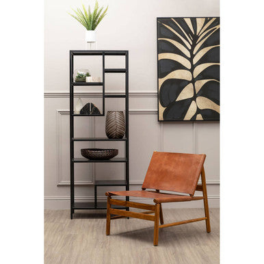 Kendari Brown Leather & Teak Modern Sling Chair