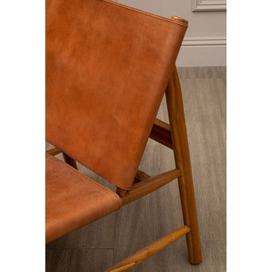 Kendari Brown Leather & Teak Modern Sling Chair