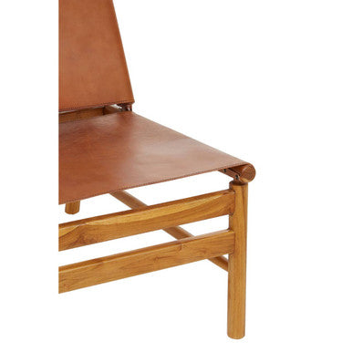 Kendari Brown Leather & Teak Modern Sling Chair