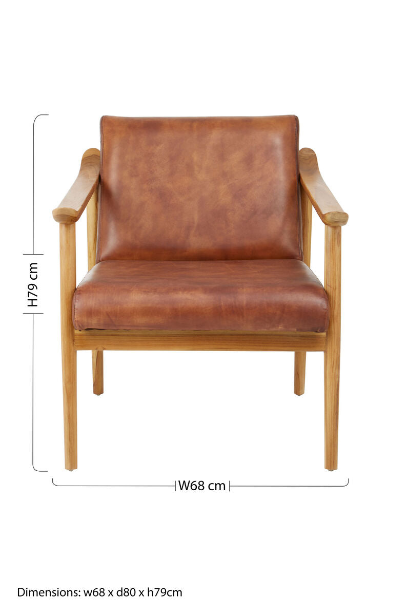 Kendari Brown Leather With Natural Teak Wood Armchair
