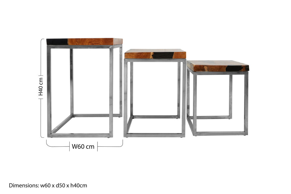 Set Of 3 Black & Natural Teak Wood Nesting Tables With Silver Metal Frame, Surak