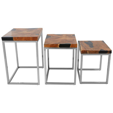 Set Of 3 Black & Natural Teak Wood Nesting Tables With Silver Metal Frame, Surak