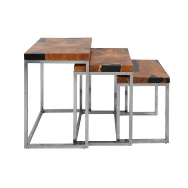Set Of 3 Black & Natural Teak Wood Nesting Tables With Silver Metal Frame, Surak