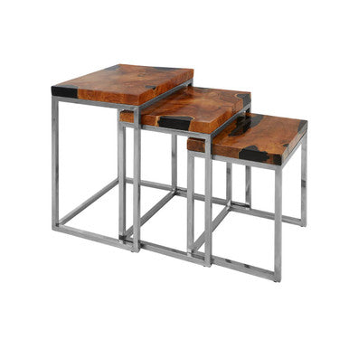Set Of 3 Black & Natural Teak Wood Nesting Tables With Silver Metal Frame, Surak