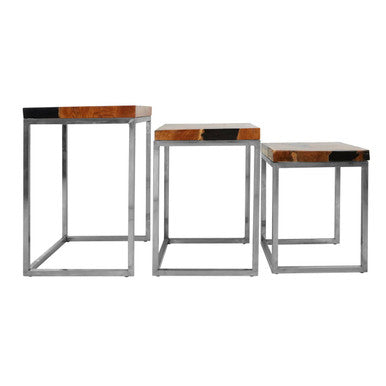 Set Of 3 Black & Natural Teak Wood Nesting Tables With Silver Metal Frame, Surak