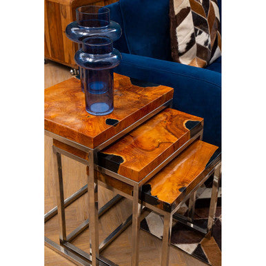Set Of 3 Black & Natural Teak Wood Nesting Tables With Silver Metal Frame, Surak