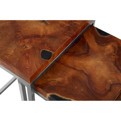 Set Of 3 Black & Natural Teak Wood Nesting Tables With Silver Metal Frame, Surak