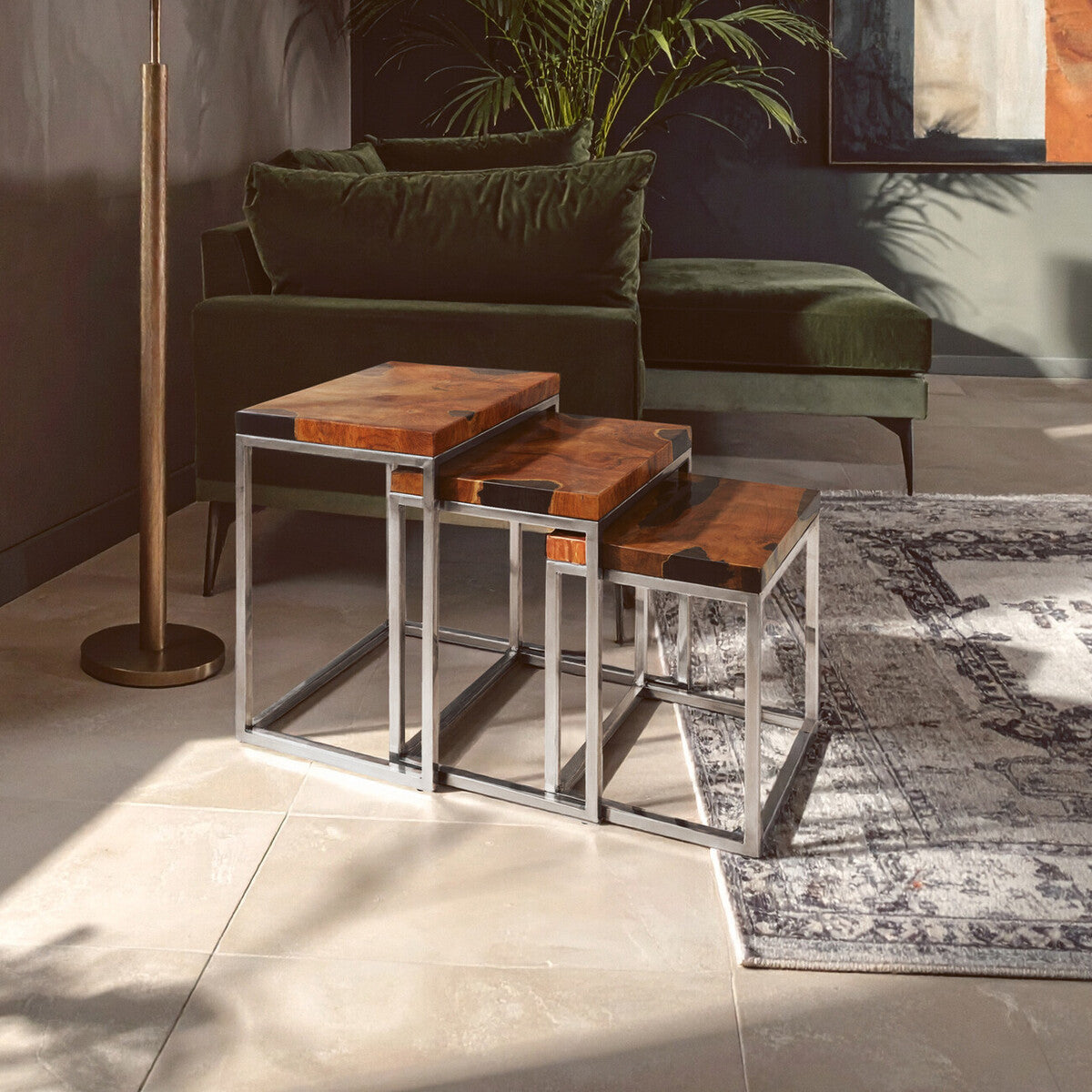 Set Of 3 Black & Natural Teak Wood Nesting Tables With Silver Metal Frame, Surak