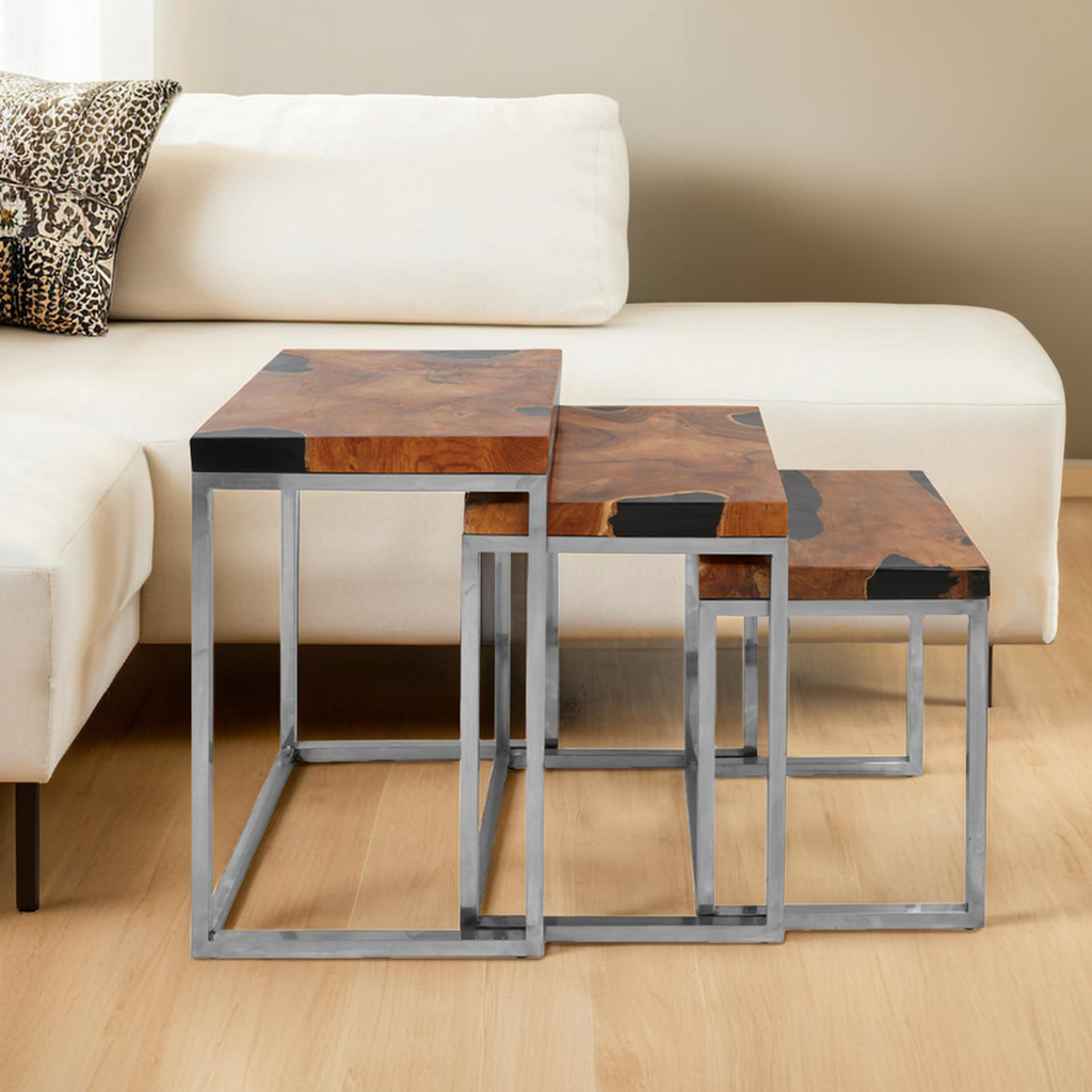 Set Of 3 Black & Natural Teak Wood Nesting Tables With Silver Metal Frame, Surak