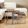 Set Of 3 Black & Natural Teak Wood Nesting Tables With Silver Metal Frame, Surak