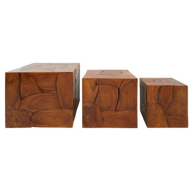 Set Of 3 Brown Solid Teak Wood Side Tables & Stools, Surak