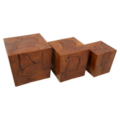 Set Of 3 Brown Solid Teak Wood Side Tables & Stools, Surak