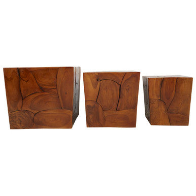 Set Of 3 Brown Solid Teak Wood Side Tables & Stools, Surak