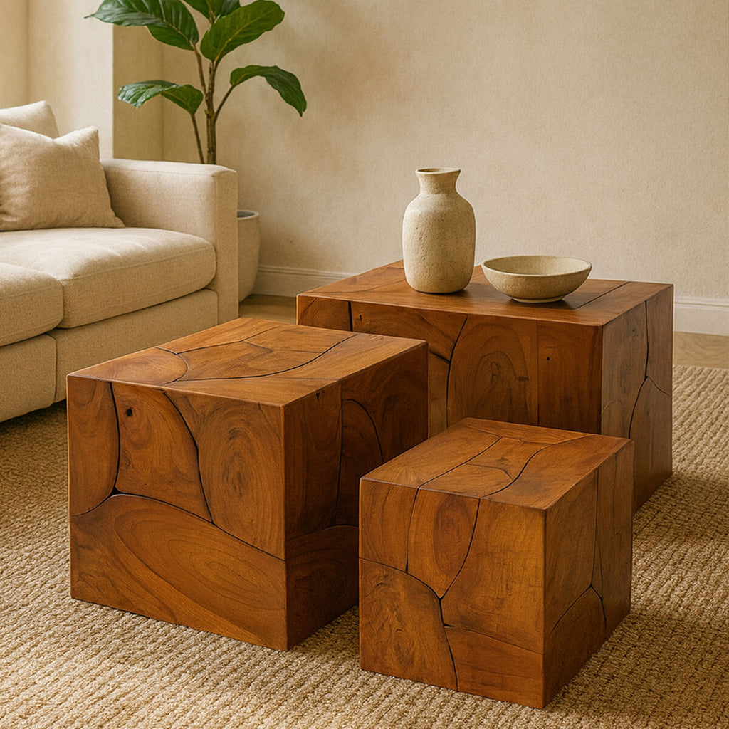Set Of 3 Brown Solid Teak Wood Side Tables & Stools, Surak