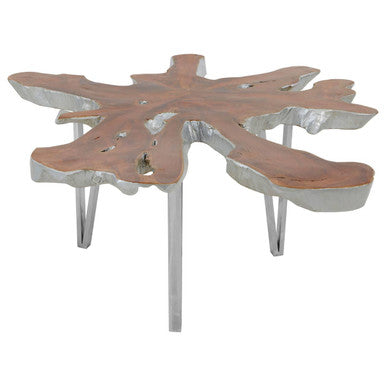 Silver Teak Wood Star Top Coffee Table With Steel Legs, Surak