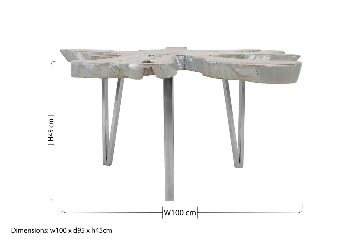 Silver Teak Wood Star Top Coffee Table With Steel Legs, Surak
