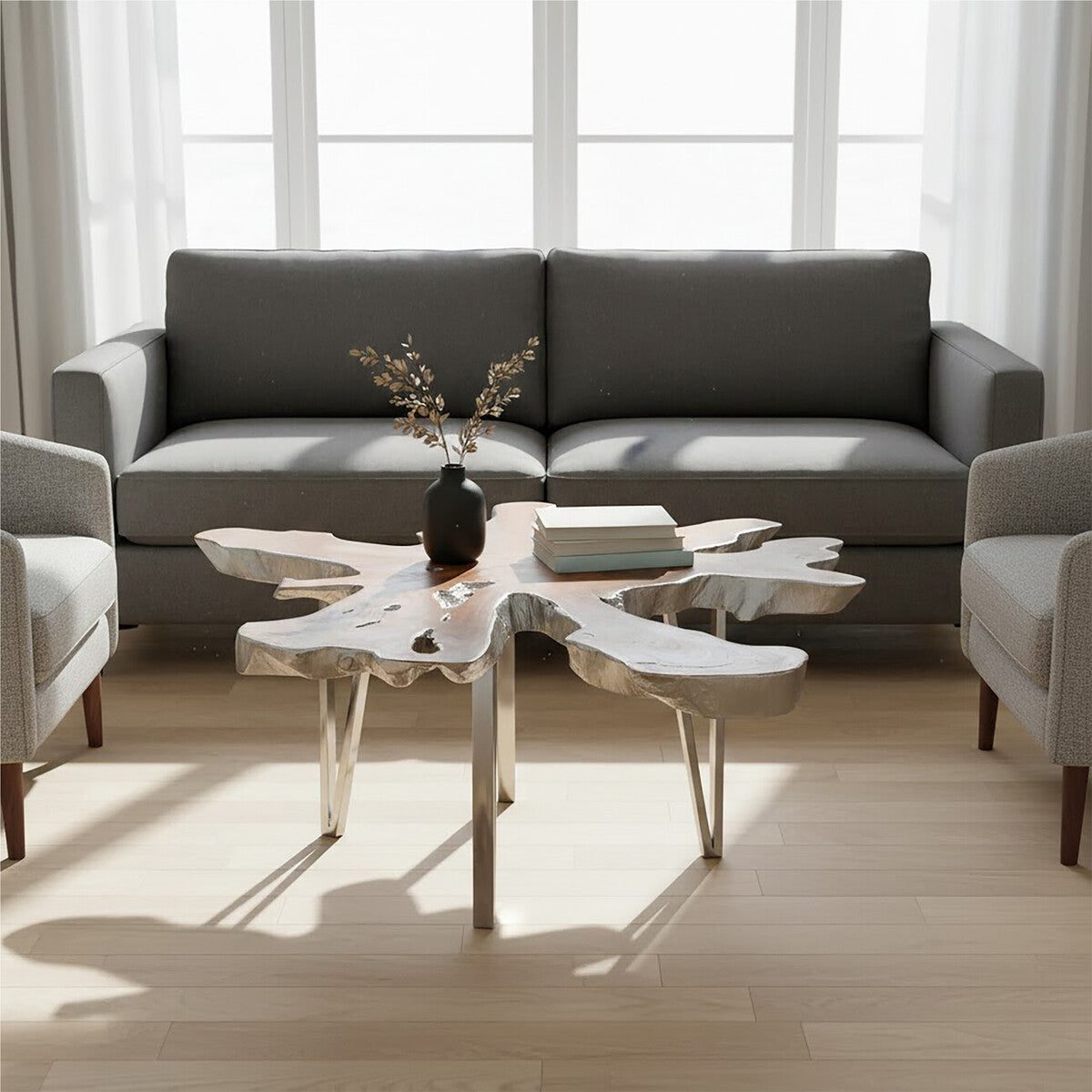 Silver Teak Wood Star Top Coffee Table With Steel Legs, Surak
