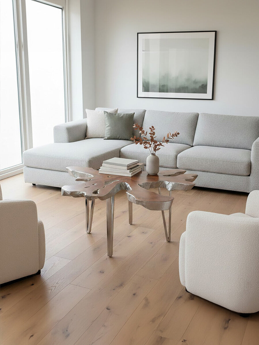 Silver Teak Wood Star Top Coffee Table With Steel Legs, Surak