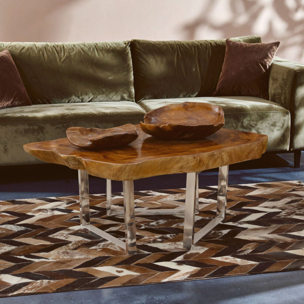 Natural Teak Wood Coffee Table With Silver Steel Frame, Surak