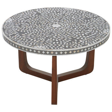 Black & White Mother Of Pearl Design Top Round Coffee Table With Wood Base, Fusion