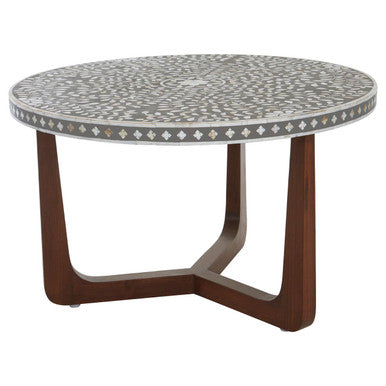 Black & White Mother Of Pearl Design Top Round Coffee Table With Wood Base, Fusion
