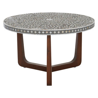 Black & White Mother Of Pearl Design Top Round Coffee Table With Wood Base, Fusion