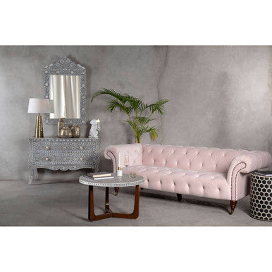 Black & White Mother Of Pearl Design Top Round Coffee Table With Wood Base, Fusion