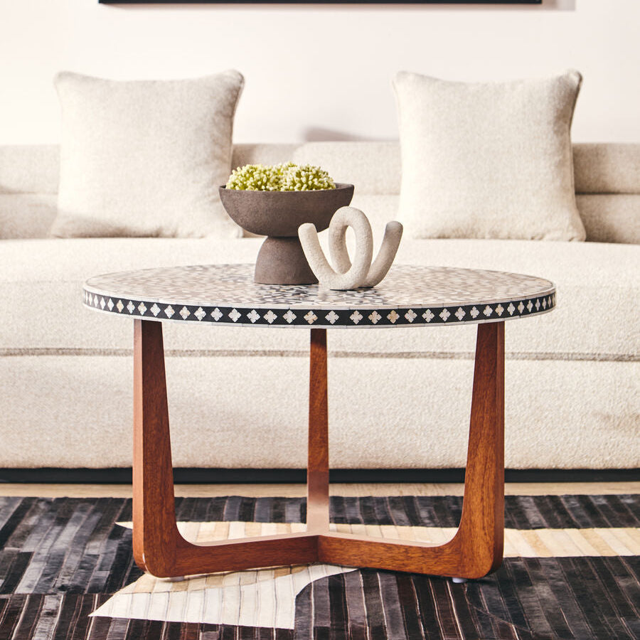 Black & White Mother Of Pearl Design Top Round Coffee Table With Wood Base, Fusion
