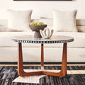 Black & White Mother Of Pearl Design Top Round Coffee Table With Wood Base, Fusion
