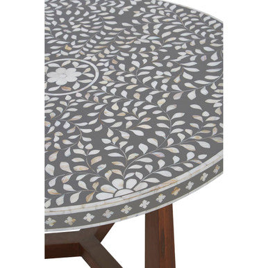 Black & White Mother Of Pearl Design Top Round Coffee Table With Wood Base, Fusion