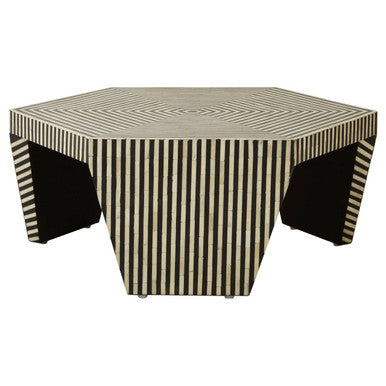 Black & White Striped Bone Inlay Hexagon Coffee Table, Fusion