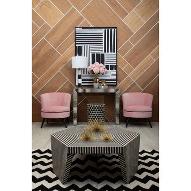 Black & White Striped Bone Inlay Hexagon Coffee Table, Fusion