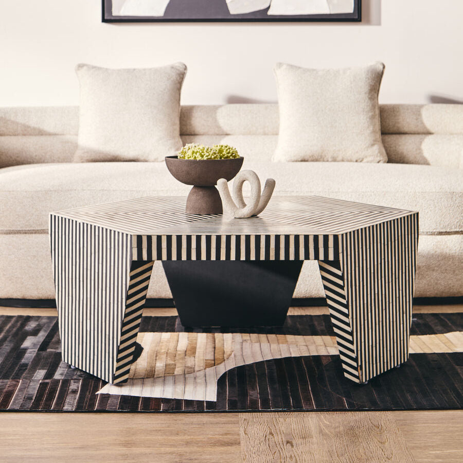 Black & White Striped Bone Inlay Hexagon Coffee Table, Fusion