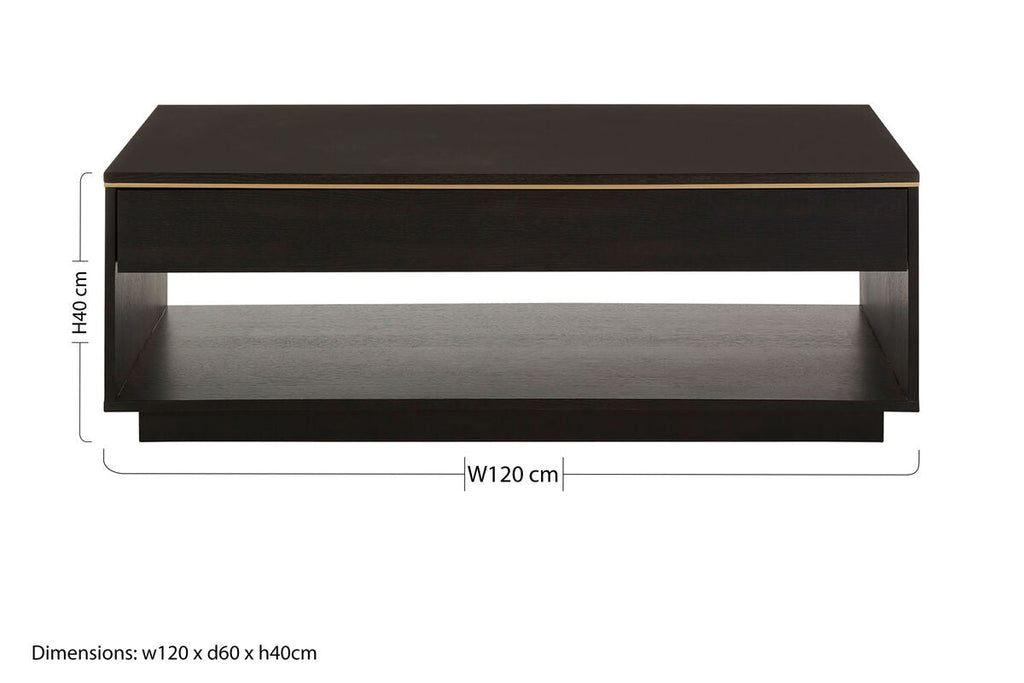 Black Oak Veneer 1-Drawer Coffee Table With Gold Trim & Lower Storage Shelf, Diamond