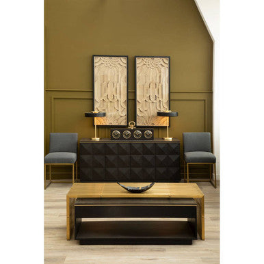 Black Oak Veneer 1-Drawer Coffee Table With Gold Trim & Lower Storage Shelf, Diamond